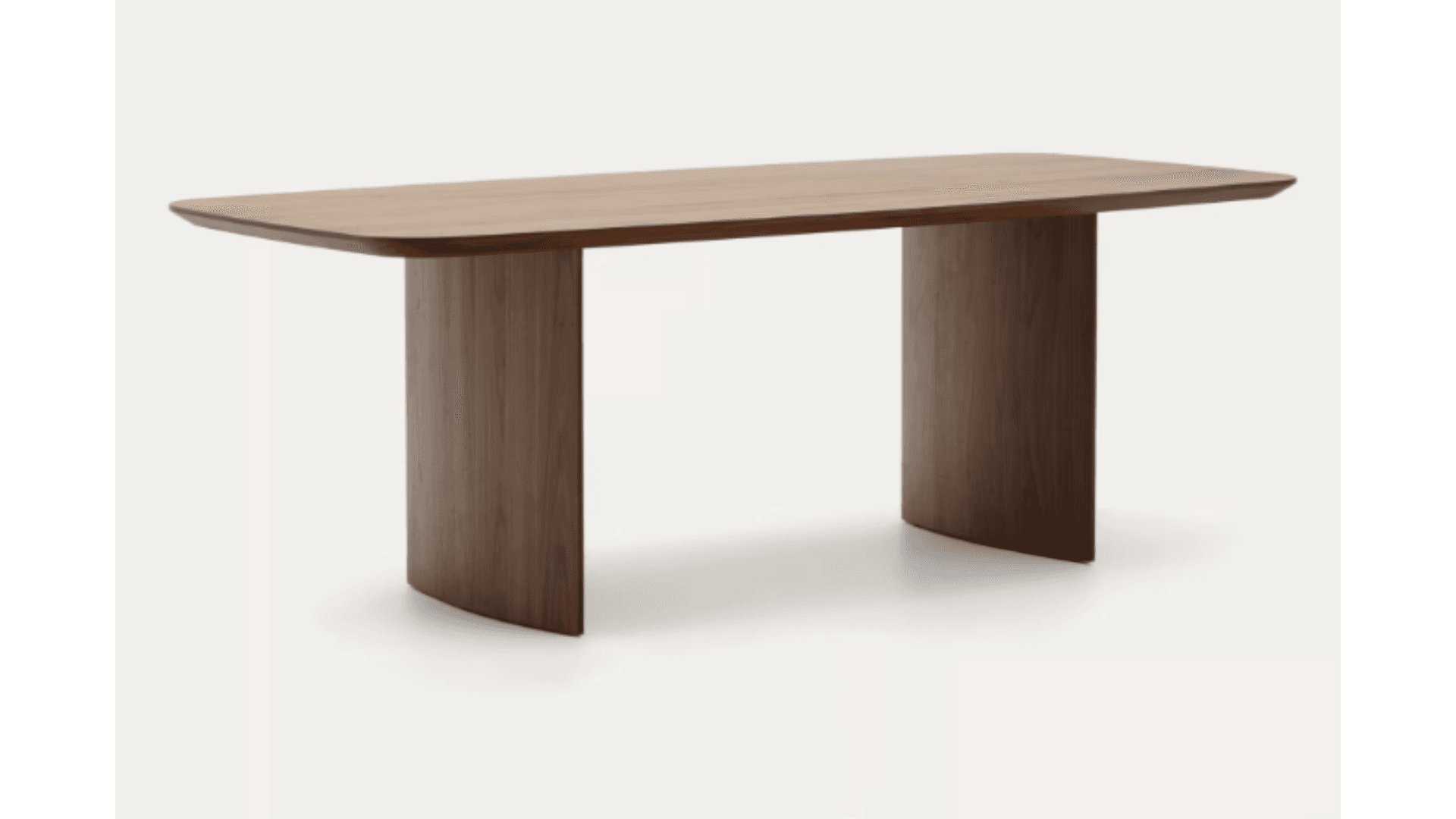 A modern console table with a rectangular wooden top and two curved, vertical pedestal legs. The legs are positioned towards the ends of the tabletop and provide a minimalist aesthetic. The grain of the wood is visible, suggesting a natural material. — 3D model