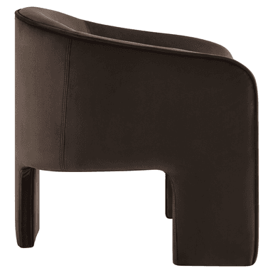 A modern armchair with a low-profile, upholstered design. The chair features a curved back and arms that seamlessly blend into the seat. The base is integrated into the body of the chair, forming block-like legs. — 3D model