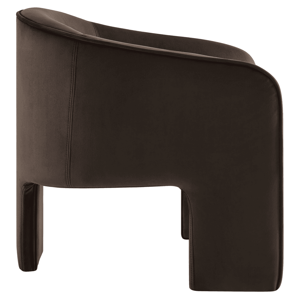 A modern armchair with a low-profile, upholstered design. The chair features a curved back and arms that seamlessly blend into the seat. The base is integrated into the body of the chair, forming block-like legs. — 3D model