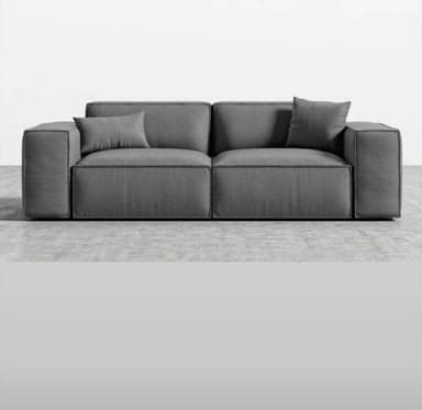A contemporary gray modular sectional sofa featuring a two-seater configuration with square arms and low-profile backrests, accompanied by two accent pillows. — 3D model