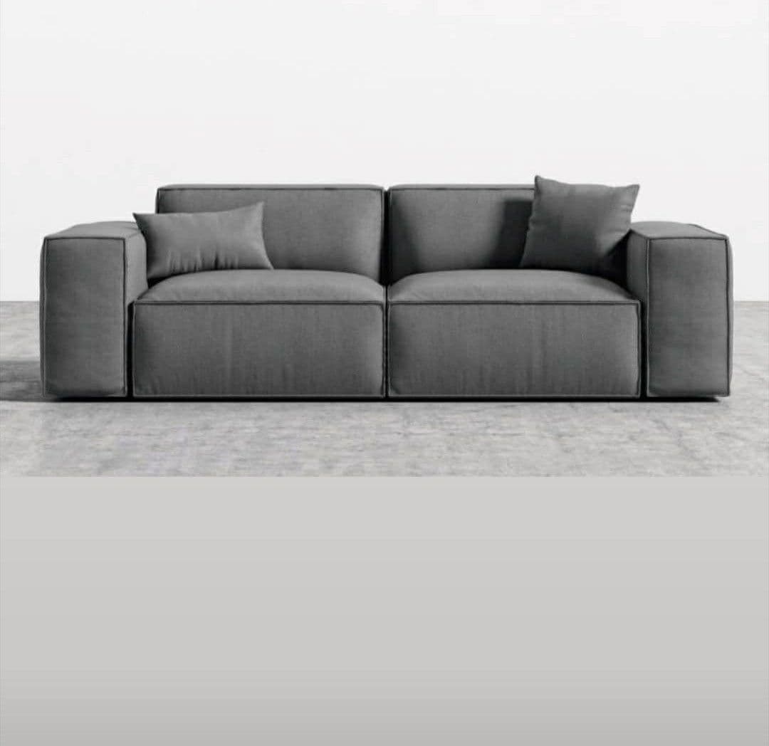 A contemporary gray modular sectional sofa featuring a two-seater configuration with square arms and low-profile backrests, accompanied by two accent pillows. — 3D model
