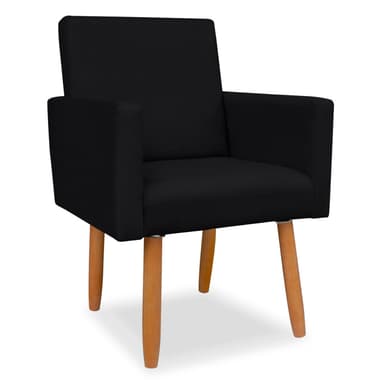A contemporary armchair upholstered in black fabric, featuring a compact square silhouette with padded armrests and four splayed natural wood legs. — 3D model
