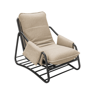 A low-profile contemporary lounge chair featuring a sturdy black tubular metal frame and plush, light beige fabric cushions for the seat, back, and armrests. — 3D model