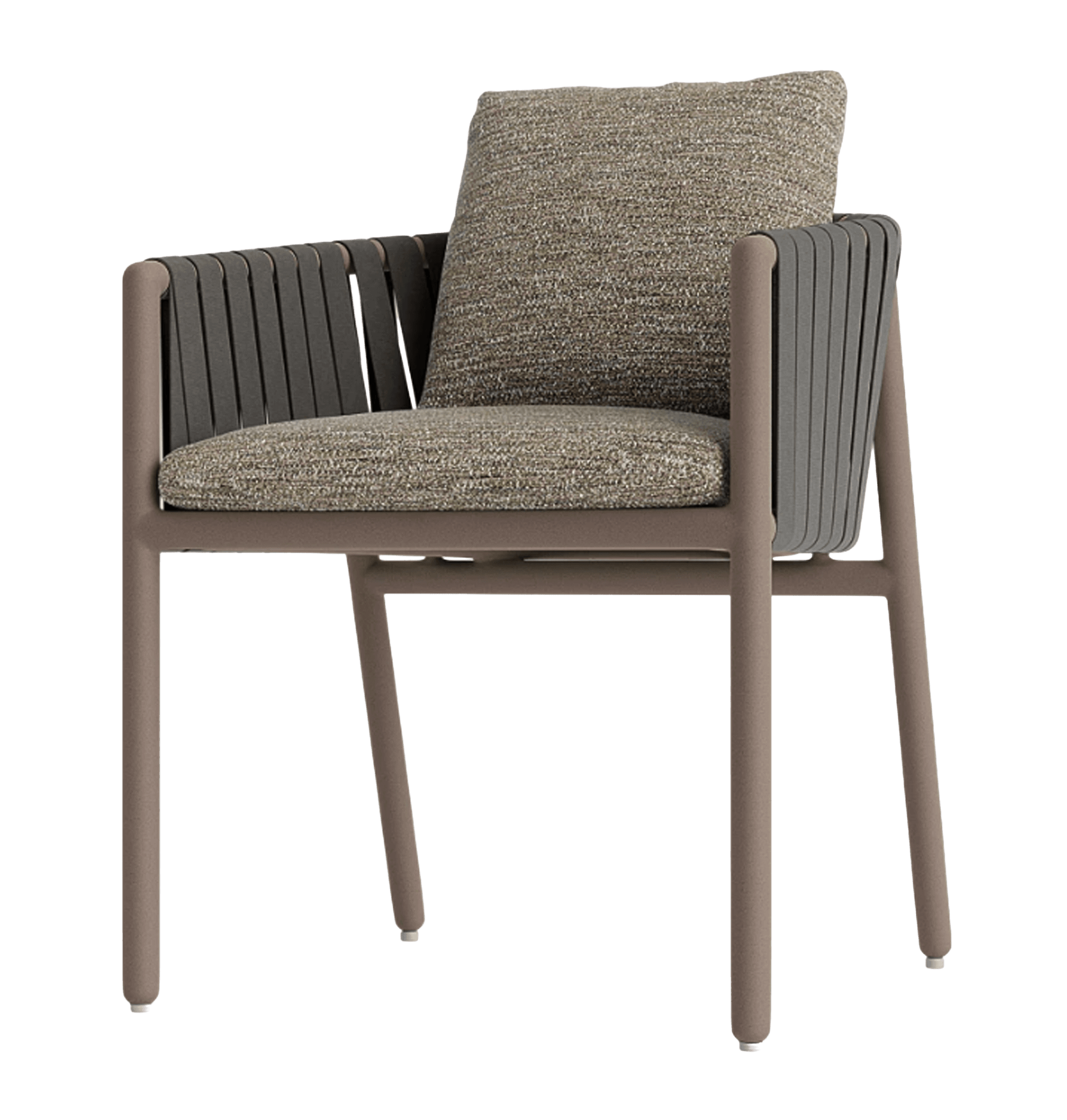 A modern armchair with a tubular metal frame and woven seat and backrest. The frame is a matte taupe color, and the seat and backrest are upholstered in a textured, speckled fabric in shades of brown and beige. The armrests feature vertical, dark grey woven straps. A lumbar pillow matching the seat upholstery is placed against the backrest. — 3D model