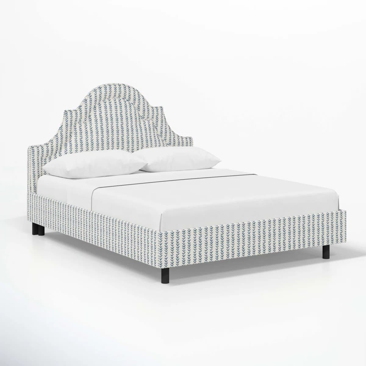 A fully upholstered bed frame with a patterned fabric. The headboard features a curved, tiered silhouette with a central arched section. The bed frame has a low profile and is supported by four short, black, cylindrical legs. The mattress and two pillows are present, suggesting it is set up for use. — 3D model