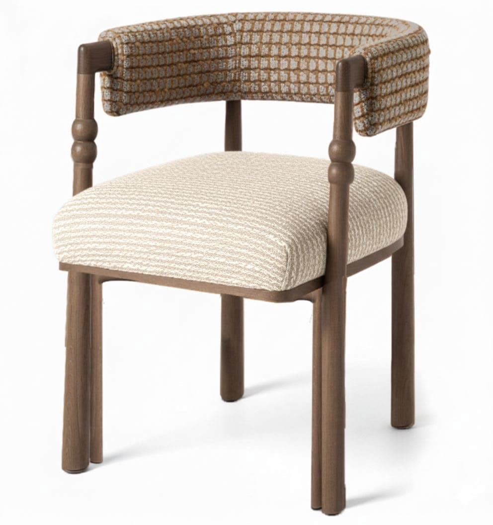 A contemporary armchair featuring a dark wooden frame and mixed upholstery. The seat cushion is upholstered in a light beige textured fabric, while the curved backrest and armrests are covered in a patterned fabric with brown, tan, and grey tones. The armrests integrate into the backrest, supported by turned wooden elements. The chair stands on four solid wooden legs, with the front legs appearing to have a rounded, almost double-column design. — 3D model