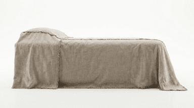 A bed with a taupe-colored duvet or comforter that appears to be made of linen. The bedding has a raw, frayed edge detail along the seams and the overhang. — 3D model