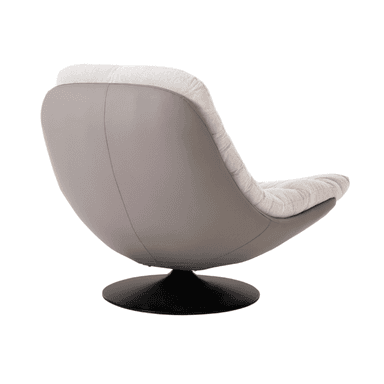 A modern accent chair with a swivel base. The chair features a low-profile, egg-shaped silhouette. The exterior shell appears to be made of a smooth, matte gray material, possibly faux leather or finished leather. The interior seating surface is upholstered in a textured, light-colored fabric with a subtle woven pattern and visible tufting. The chair rests on a circular, black metal swivel base. — 3D model