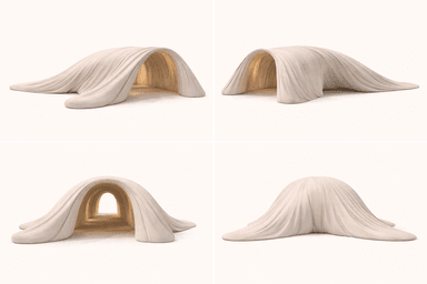 A modern, organic-shaped bench with a flowing, draped appearance. The structure appears to be made of a solid material that is molded or sculpted to mimic flowing fabric. It features an arched opening in the center, suggesting a bench or seating area within the structure. The exterior exhibits soft folds and pleats, creating a dynamic visual texture. — 3D model