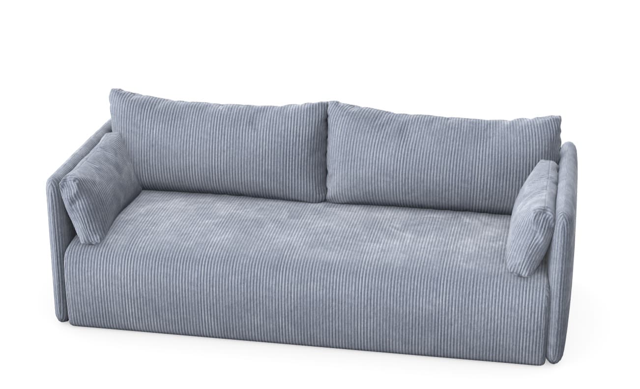A contemporary two-seater sofa upholstered in a light blue corduroy fabric, featuring a minimalist design with integrated, rounded armrests and two loose back cushions. — 3D model