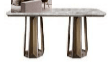 A modern rectangular dining table featuring a grey tabletop with a distinctive stone or concrete appearance, supported by two robust, sculptural pedestal bases with faceted, geometric designs in a metallic bronze or dark brown finish. The table presents a contemporary aesthetic, combining durable materials with architectural design. — 3D model