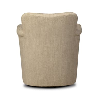 A contemporary upholstered armchair, viewed from the back, featuring a rounded, barrel-like silhouette. The chair is covered in a light beige or natural-toned textured woven fabric. It has low, integrated arms that flow seamlessly into the backrest, which has a gentle curve at the top. The chair rests on a discreet, dark-colored circular base, suggestive of a swivel mechanism. — 3D model