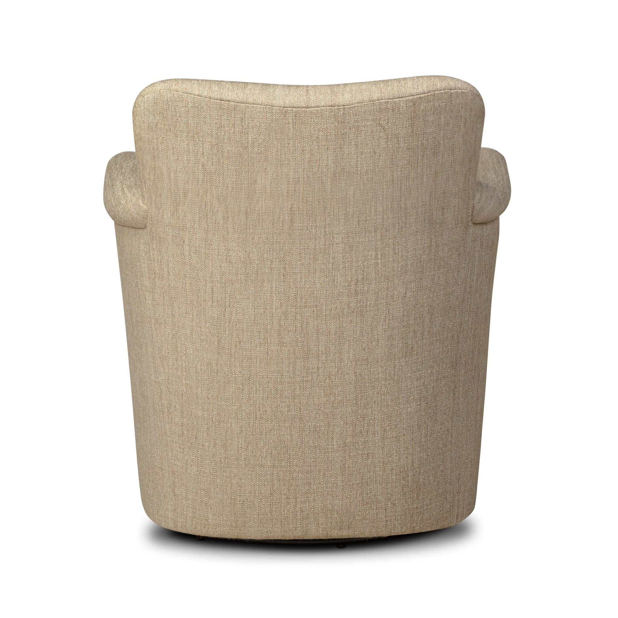 A contemporary upholstered armchair, viewed from the back, featuring a rounded, barrel-like silhouette. The chair is covered in a light beige or natural-toned textured woven fabric. It has low, integrated arms that flow seamlessly into the backrest, which has a gentle curve at the top. The chair rests on a discreet, dark-colored circular base, suggestive of a swivel mechanism. — 3D model