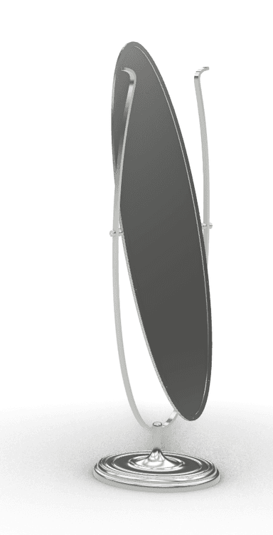 An oval-shaped mirror featuring a polished metal finish, mounted on a U-shaped stand that allows it to swivel. The stand is supported by a round, ornate base with concentric ring detailing. — 3D model