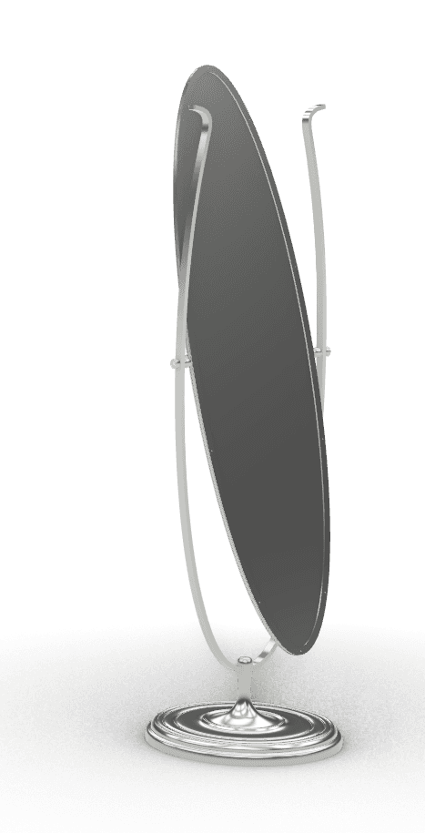 An oval-shaped mirror featuring a polished metal finish, mounted on a U-shaped stand that allows it to swivel. The stand is supported by a round, ornate base with concentric ring detailing. — 3D model