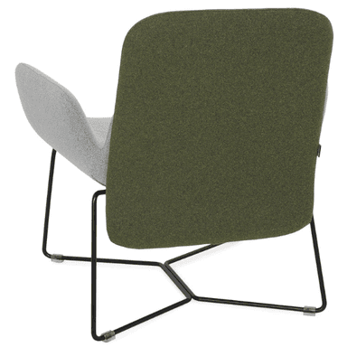 A modern armchair with a distinctive dual-tone upholstery. The seat and armrests are upholstered in a light grey, textured fabric, forming a continuous, organic shape. The backrest is a separate, taller section upholstered in a dark olive green fabric, creating a visual contrast. The chair is supported by a minimalist, black metal frame with a criss-cross base. — 3D model