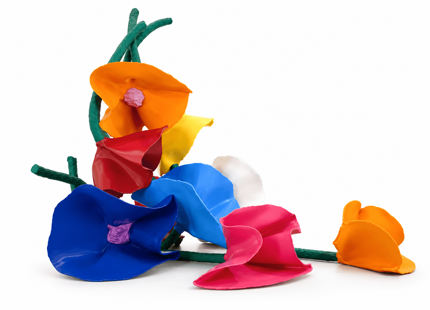 An abstract decorative sculpture featuring multiple stylized floral forms in vibrant primary and secondary colors, arranged with green, winding stem-like elements. The 'flowers' are in various stages of bloom or form, exhibiting curved, organic shapes with a glossy finish on their exterior surfaces, and some have a contrasting light-colored center. The overall composition suggests a bouquet or cluster of imaginative botanical elements. — 3D model