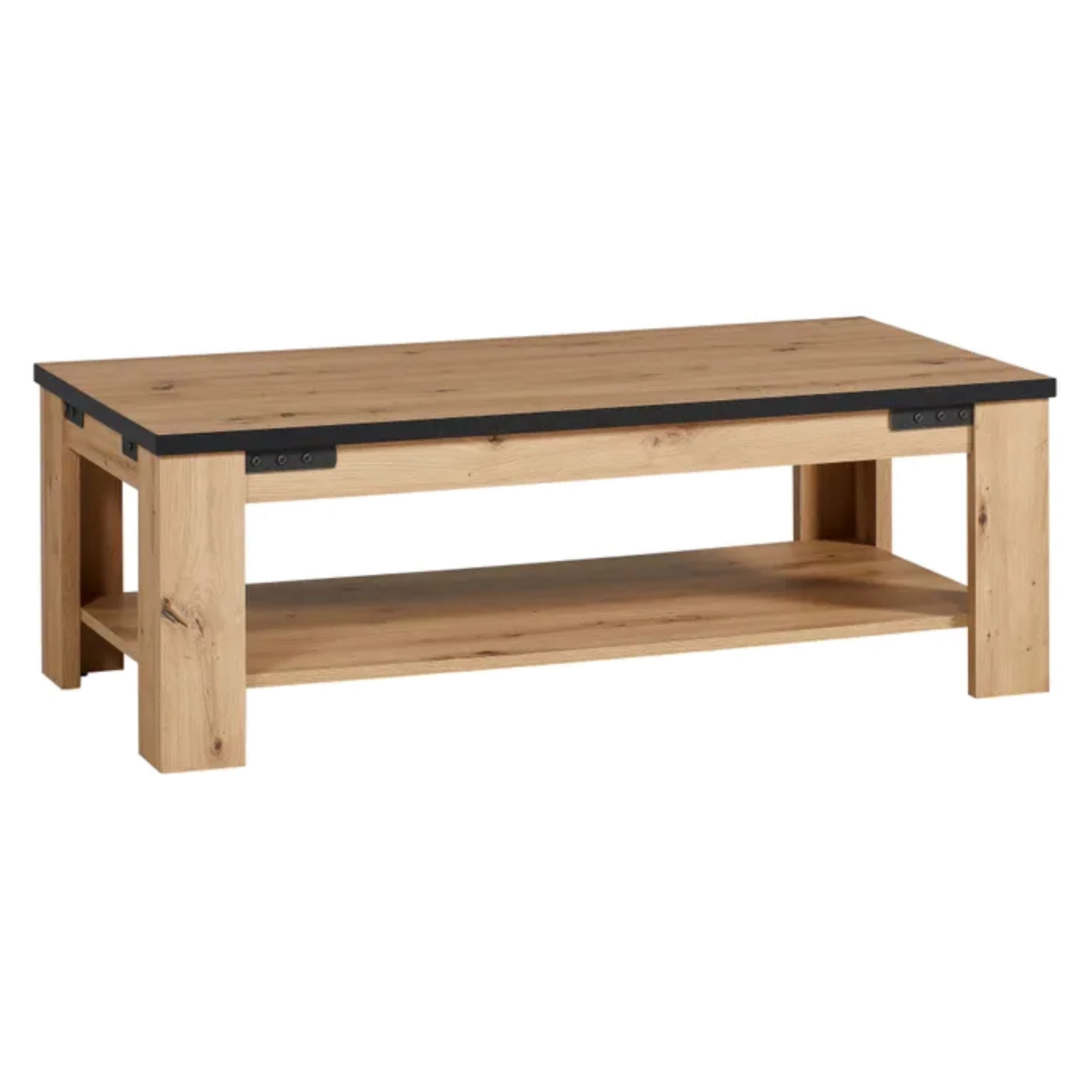 A rectangular coffee table constructed from light wood with a visible grain, featuring a contrasting black trim along the perimeter of the tabletop. It includes a functional lower shelf for additional storage or display and decorative black metal brackets with visible fasteners at the corners, contributing to an industrial or rustic aesthetic. — 3D model