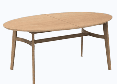 An oval-shaped dining table constructed from light-toned wood, featuring splayed, tapered legs connected by a central stretcher. The tabletop has a visible seam down its center, suggesting an extendable mechanism or a split leaf design. The aesthetic is clean, minimalist, and contemporary. — 3D model