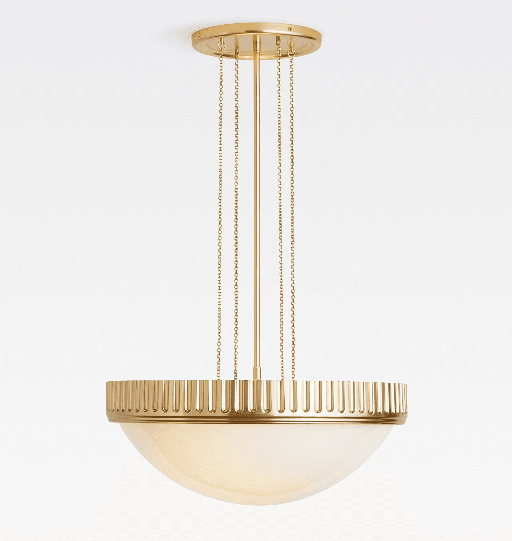 A gold-toned chandelier with a ribbed metal trim around a translucent bowl-shaped shade. It is suspended by chains from a circular ceiling mount. — 3D model