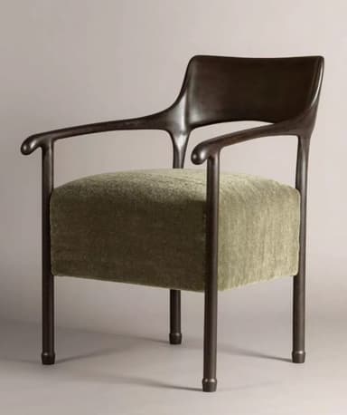 A contemporary lounge chair featuring a dark, sculpted wooden frame and an upholstered seat in olive green velvet. The chair has integrated armrests and a curved backrest, presenting an organic modern aesthetic. — 3D model