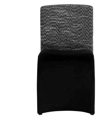 A contemporary dining chair featuring a striking two-tone upholstery design. The tall, rectangular backrest is covered in a black and white textured woven fabric, while the seat is a smooth, solid black material, possibly faux leather or velvet, appearing to 'float' below the back. The chair exhibits a minimalist and modern aesthetic. — 3D model