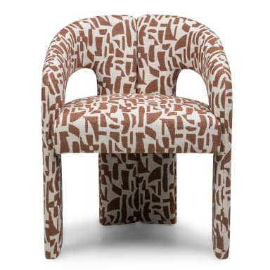 A contemporary armchair with a curved back and integrated armrests. The chair features a distinctive abstract pattern upholstery in brown and off-white. Its structure is supported by four block-like legs, also upholstered, contributing to its modern aesthetic. — 3D model