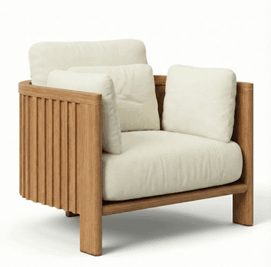 A contemporary armchair featuring a sturdy wooden frame and plush, upholstered cushions. The frame is constructed from light-colored wood with clean lines and a slatted detail on the vertical supports. The seat, backrest, and armrests are padded and covered in a textured, off-white fabric. Two loose back pillows are present: one larger lumbar pillow and two smaller bolster-style armrest pillows. The design appears to be minimalistic and modern. — 3D model