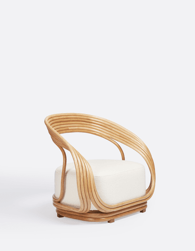 A contemporary accent chair featuring a unique sculptural frame crafted from light-toned rattan or bentwood, paired with a circular, upholstered seat in a textured off-white fabric. The frame creates a distinct backrest and wraps around the base, giving the chair an organic and modern aesthetic. — 3D model