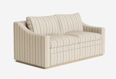 A contemporary two-seater sofa or loveseat upholstered in a light, striped fabric and resting on a wooden plinth base. The back and armrests feature vertical stripes, while the seat and back cushions have horizontal stripes. The design is low-profile with gently curved arms. — 3D model