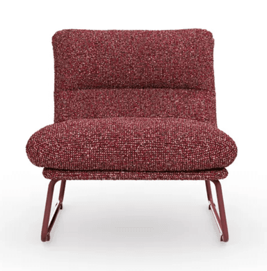 An armless contemporary lounge chair featuring a low-profile design and a robust tubular metal frame. The chair is upholstered in a textured, flecked fabric predominantly in a deep red or burgundy hue with lighter accents, giving it a tweed-like appearance. The seat and backrest are generously cushioned, with the backrest showing a horizontal channel tuft. The minimalist frame is finished in a matching dark red or plum color, forming a continuous loop for both stability and aesthetic appeal. — 3D model