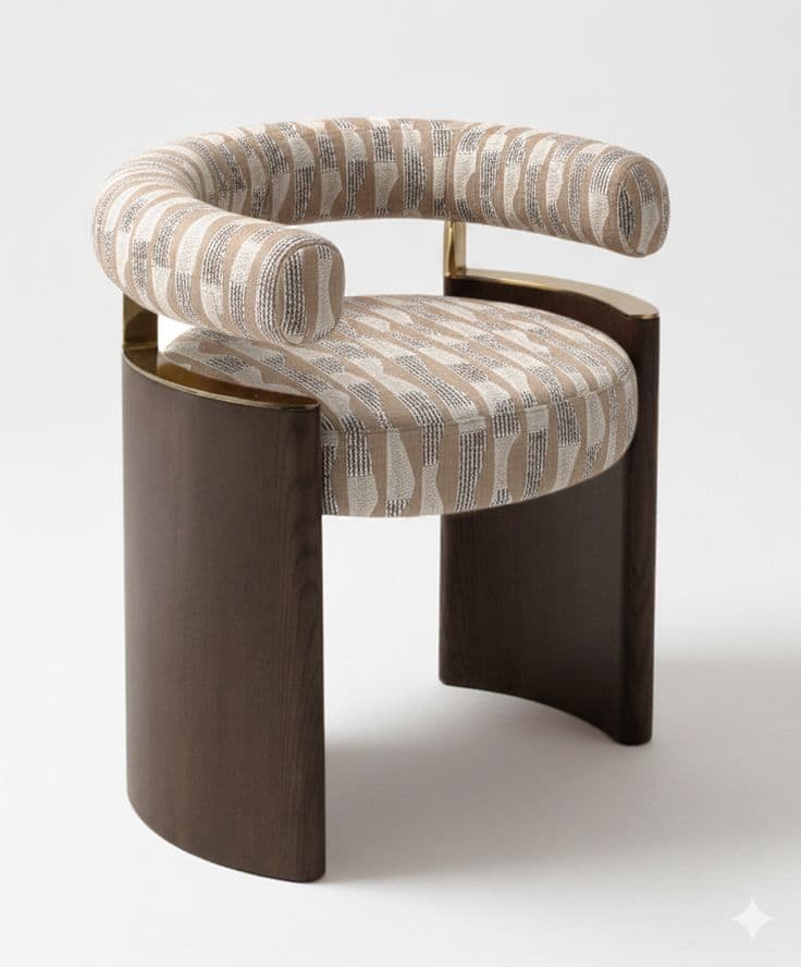 A contemporary upholstered barrel accent chair featuring a curved backrest and seat, supported by a dark wood curved base with brass accents. — 3D model