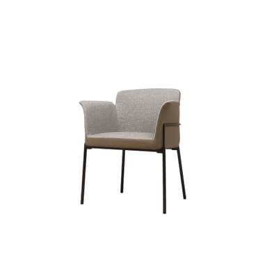 A contemporary armchair featuring a two-toned upholstered shell with a light grey/beige woven fabric on the interior and a contrasting brown/taupe faux leather on the exterior, accented with white stitching. It rests on a slender, straight black metal frame with four legs. The design incorporates integrated, gently curved armrests. — 3D model