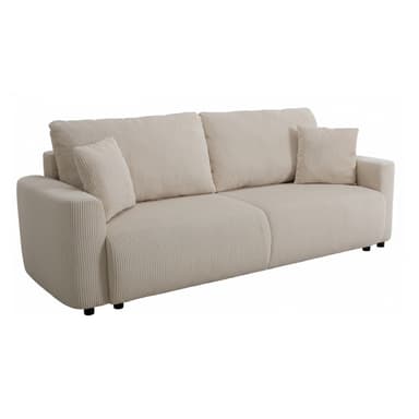 A contemporary three-seat sofa upholstered in light beige corduroy fabric, featuring thick cushions and block armrests. — 3D model