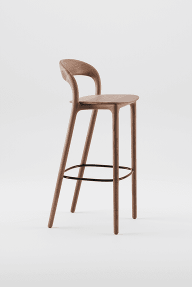 A modern bar stool crafted from dark brown wood, featuring a gently curved backrest and a round seat. It stands on four slender, splayed legs, connected by a circular black metal footrest ring. — 3D model