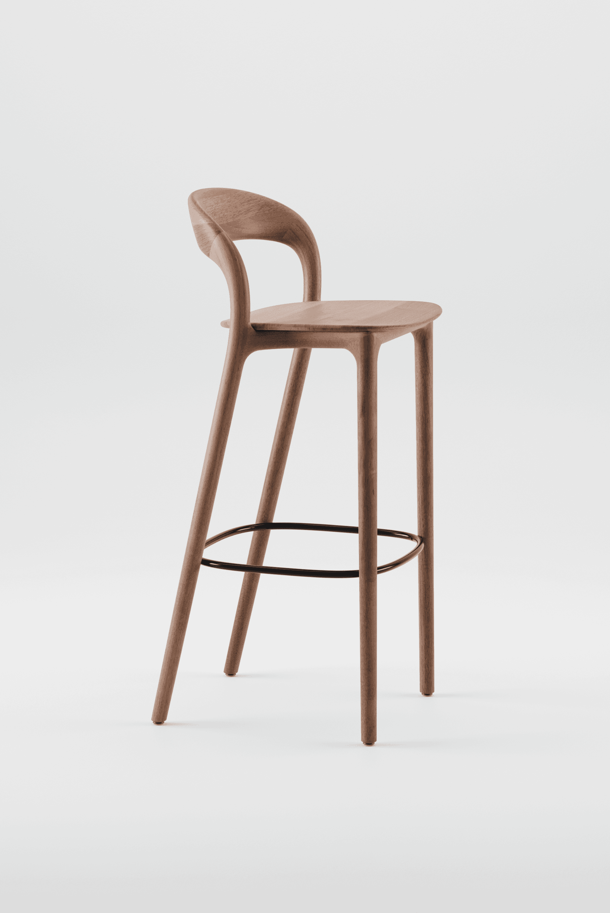 A modern bar stool crafted from dark brown wood, featuring a gently curved backrest and a round seat. It stands on four slender, splayed legs, connected by a circular black metal footrest ring. — 3D model