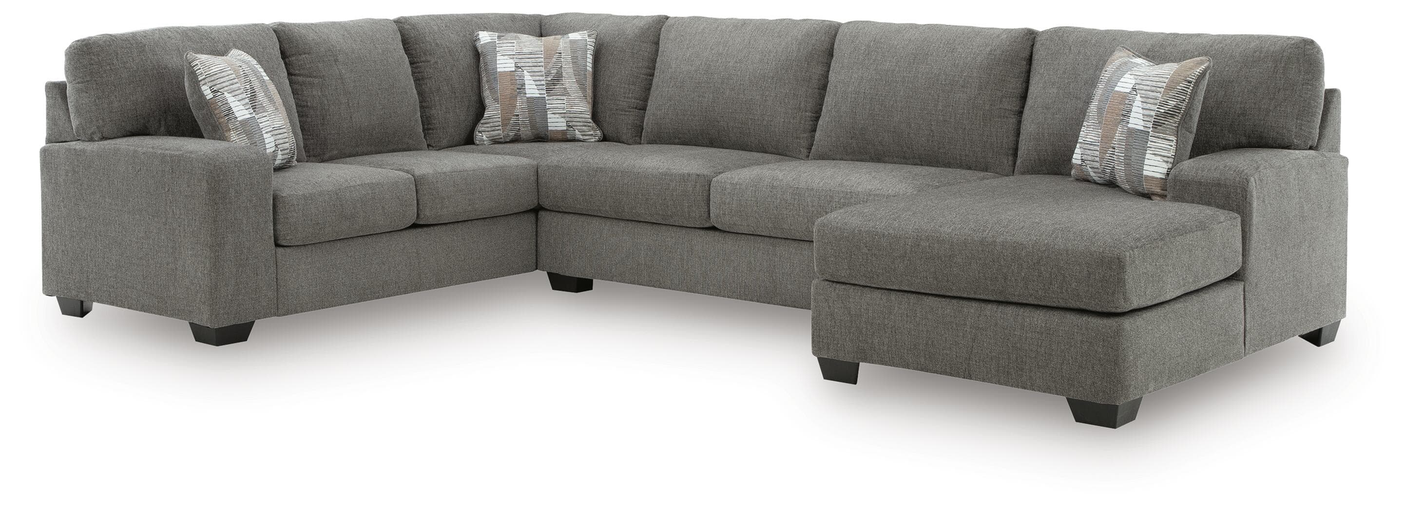 A contemporary gray fabric sectional sofa featuring a chaise lounge extension, track arms, and multiple seat and back cushions. — 3D model