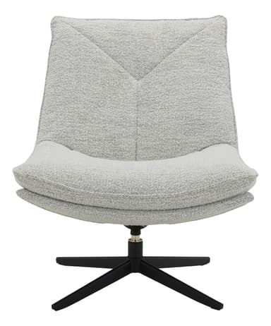 An armless contemporary lounge chair upholstered in a light grey, textured woven fabric, featuring a deeply scooped seat and a reclined back with distinct stitching. It is supported by a sleek, matte black four-star swivel base. — 3D model