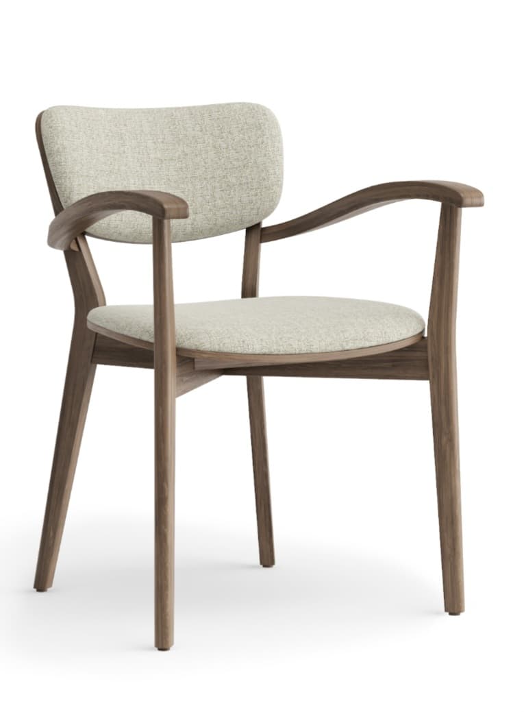 A modern Scandinavian-style armchair featuring a solid wood frame with a dark finish and upholstered seat and backrest. The design emphasizes organic curves and clean lines, with integrated armrests flowing from the backrest support. The upholstery is a light, textured fabric, complementing the warm tone of the wood. — 3D model