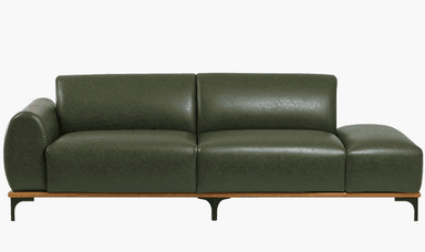 A contemporary sectional sofa featuring dark green leather upholstery, a single rounded armrest, and an integrated chaise lounge section. It sits on an exposed wooden frame supported by slender black metal stiletto legs. — 3D model