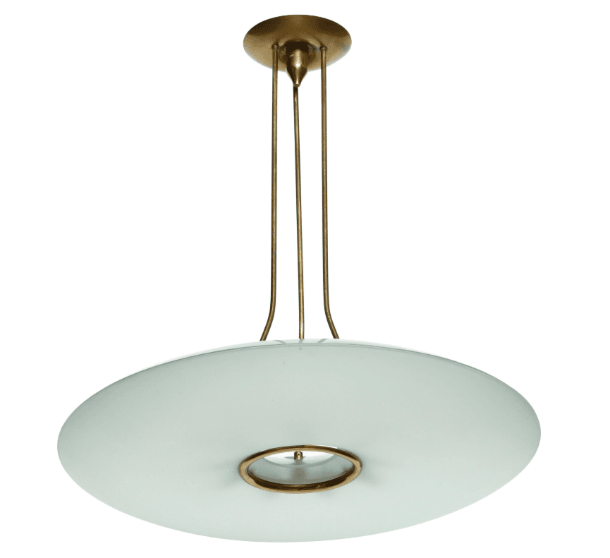 A modern ceiling pendant light featuring a circular, flat, frosted glass or acrylic shade suspended by three brass rods from a matching brass ceiling canopy. A central brass ring detail is present on the underside of the shade, likely concealing the light source. The overall design is minimalist and elegant. — 3D model