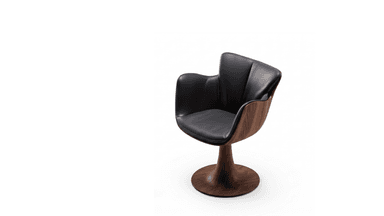A modern lounge chair featuring a dark wood shell and black leather upholstery, supported by a sculptural pedestal base. — 3D model