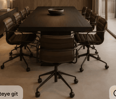 A contemporary office chair featuring a low-back design with horizontal ribbed brown leatherette upholstery for both the seat and backrest. It has a sleek black metal frame with integrated U-shaped armrests that extend from the backrest and curve forward. The chair is supported by a five-star black metal base equipped with casters for mobility and includes a central column suggesting a swivel and potentially height adjustment mechanism. — 3D model