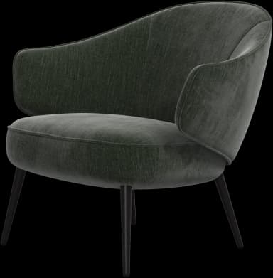 A contemporary lounge armchair featuring a curved, enveloping backrest that flows into integrated armrests. The chair is upholstered in a dark green textured fabric and supported by four slender, tapered black metal legs. — 3D model