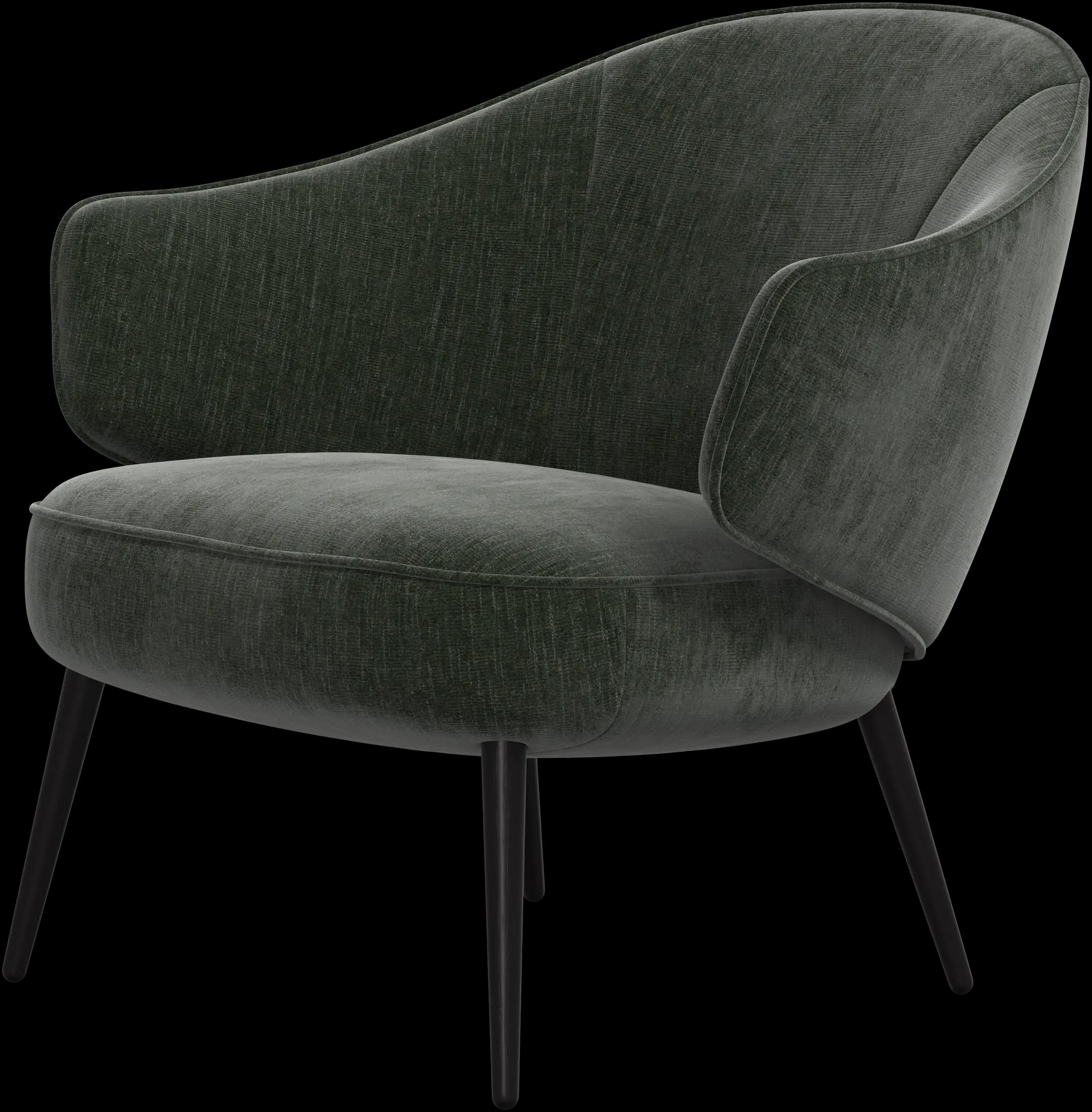 A contemporary lounge armchair featuring a curved, enveloping backrest that flows into integrated armrests. The chair is upholstered in a dark green textured fabric and supported by four slender, tapered black metal legs. — 3D model