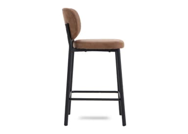 An industrial-style bar stool featuring a distressed brown faux leather upholstered seat and backrest, supported by a matte black metal frame with an integrated footrest. — 3D model