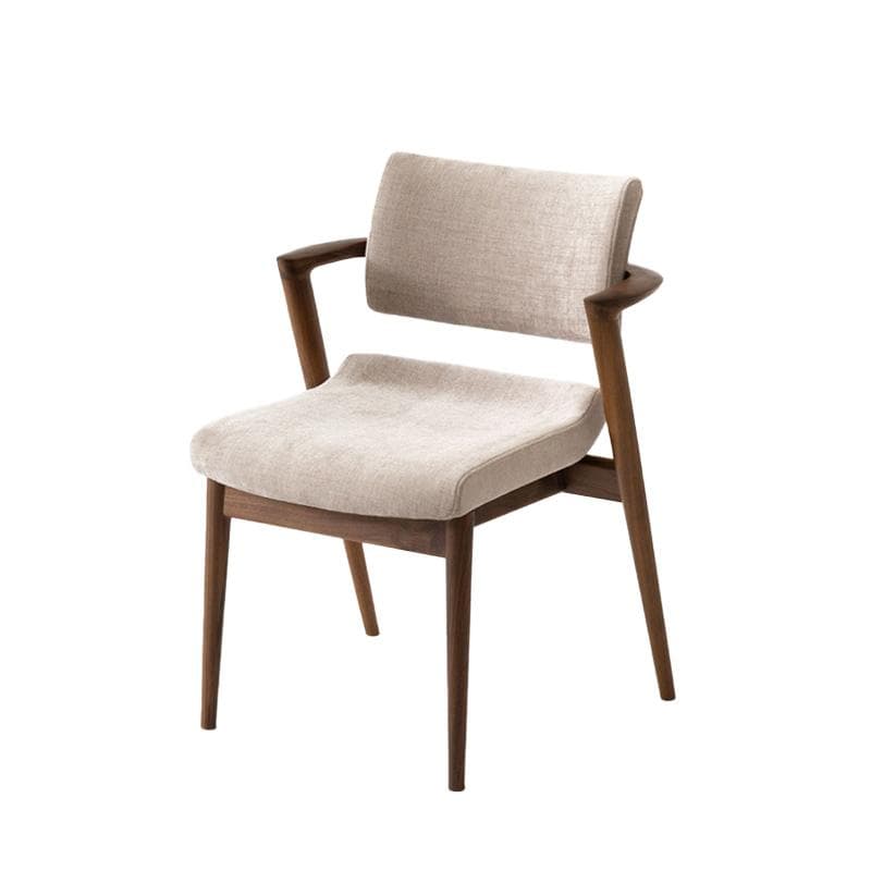 A contemporary dining armchair featuring a solid wood frame with tapered legs and integrated curved armrests, upholstered in a light beige textured fabric on the seat and backrest. — 3D model