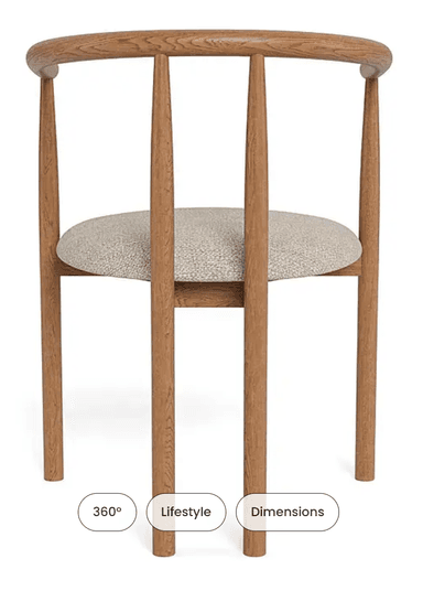 A wooden armchair with a curved backrest that extends into armrests. The seat is upholstered in a textured fabric. The chair has four legs and a minimalist design. — 3D model