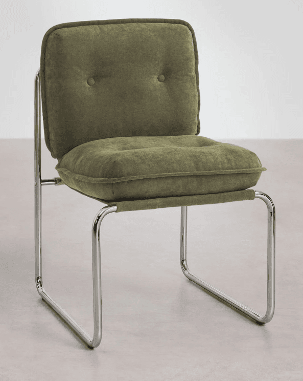 An armless cantilever chair featuring a shiny chrome tubular steel frame and plush, olive green upholstered seat and back cushions. The cushions are individual, with the backrest displaying two button tufts. — 3D model