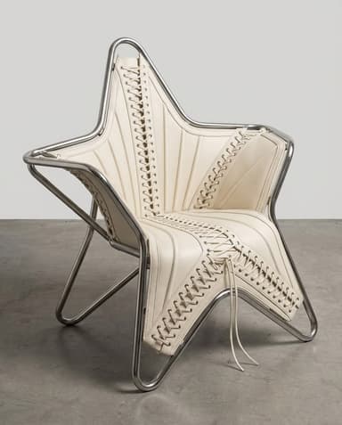 A contemporary star-shaped chair with a polished metal frame and a cream-colored leather upholstery. The upholstery is detailed with intricate lacing that extends across the seat and backrest, mimicking a corset or shoe design. The metal frame is tubular and appears to be chrome or stainless steel, forming an angular base and support structure. The overall design is striking and avant-garde. — 3D model